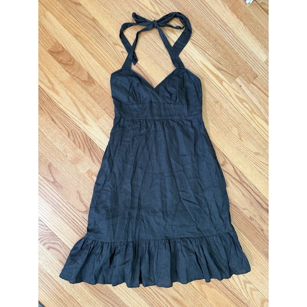 Vintage Y2K J. Crew Halter Top Linen Sun Dress Black Sz 6 Cottagecore Peasant